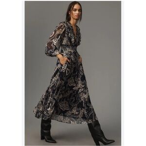 PRINTER JOHNSON LONG-SLEEVE V-NECK TEXTURED MIDI DRESS